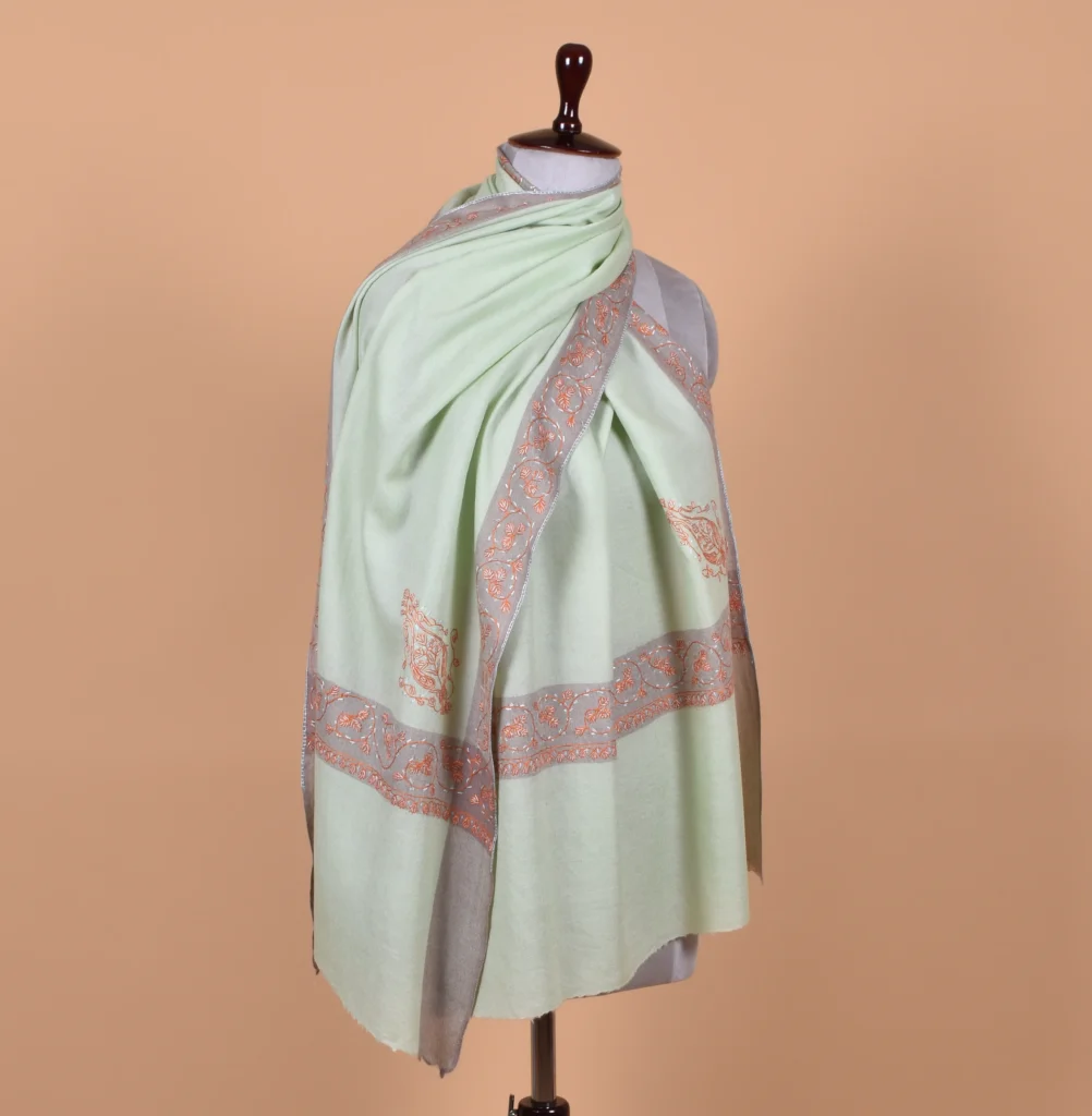 green embroidered woolen scarf kashmir
