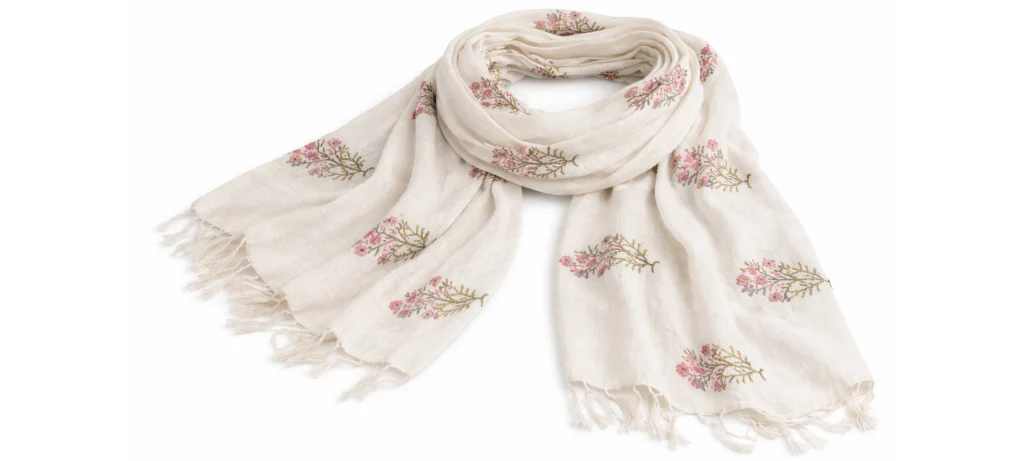 white pashmina hand block shawl scarf with floral motifs in kashmir
