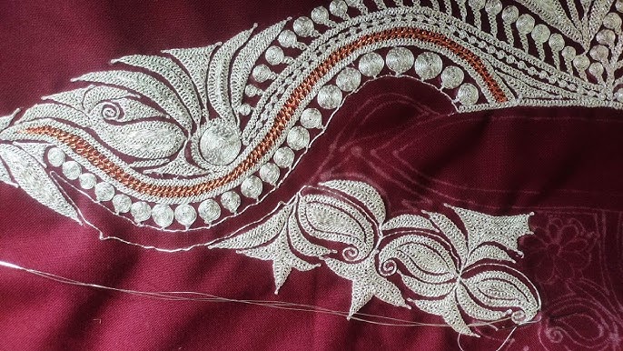 zari work on maroon scarf