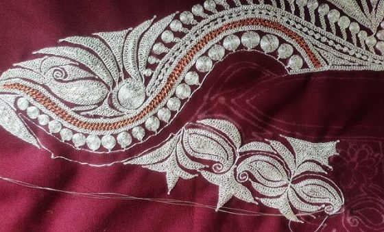 zari work on maroon scarf